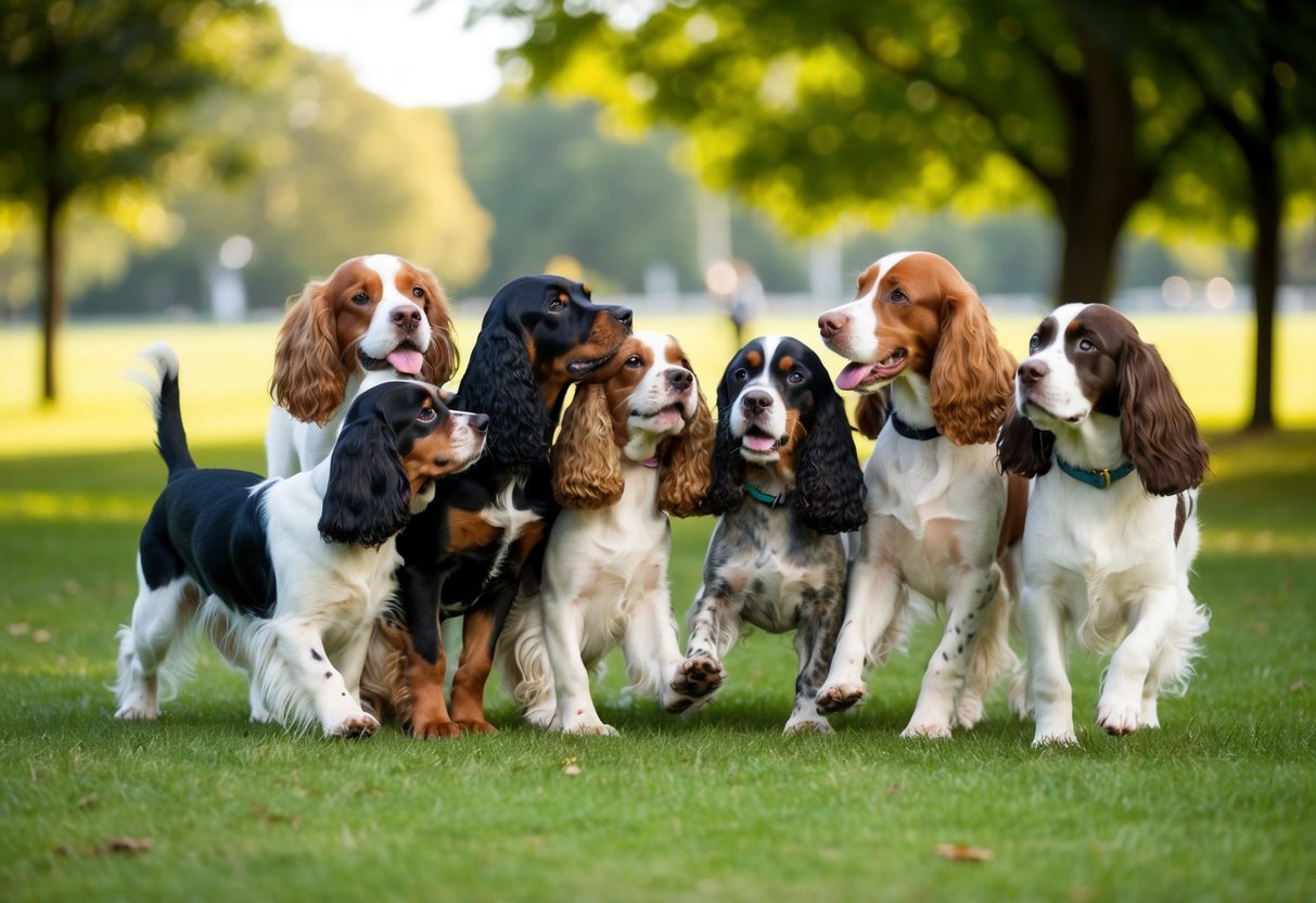 A group of various spaniel breeds interacting and playing together in a park setting