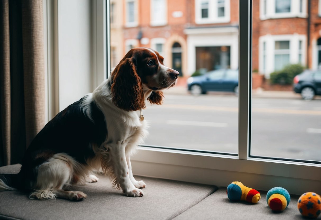 A spaniel sits by a window, looking out at a quiet street. The room is cozy, with a comfortable bed and toys scattered around