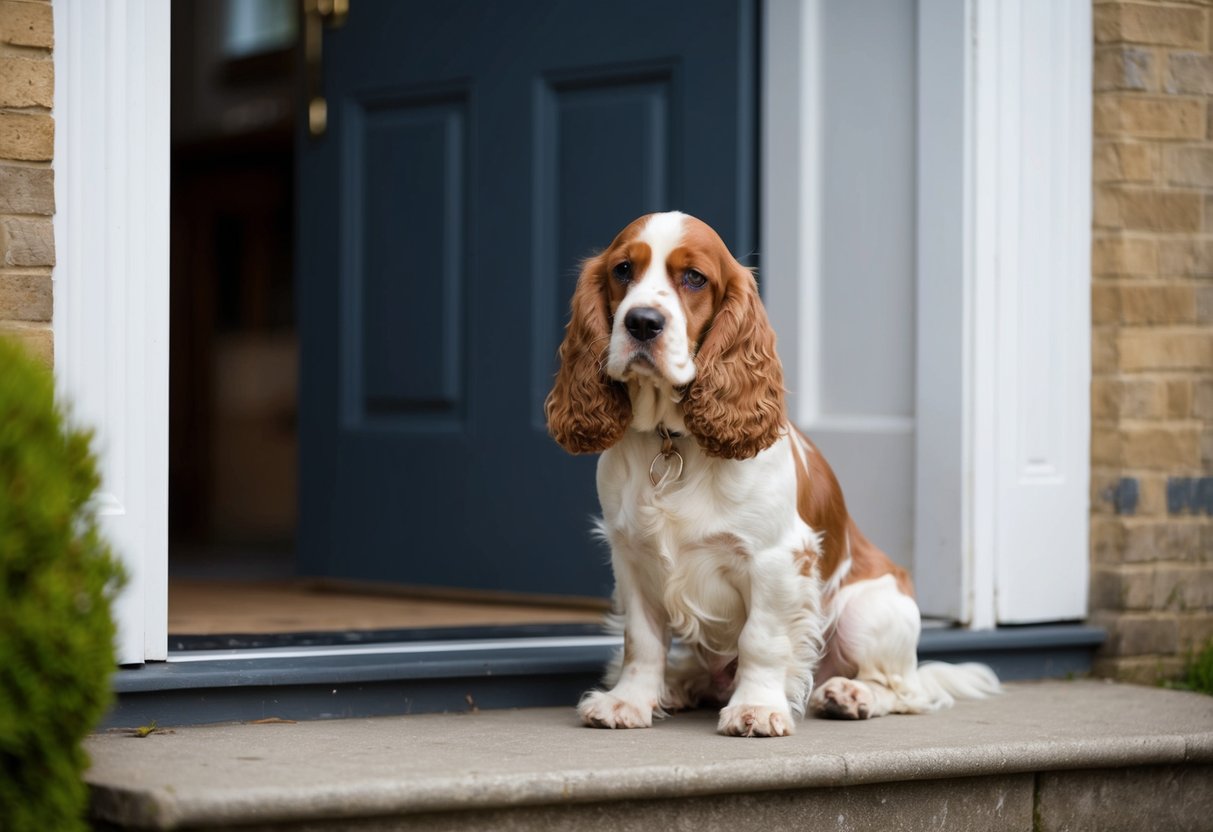 A Cocker Spaniel sits by the front door, looking forlorn as it waits for its owner to return, its tail drooping slightly