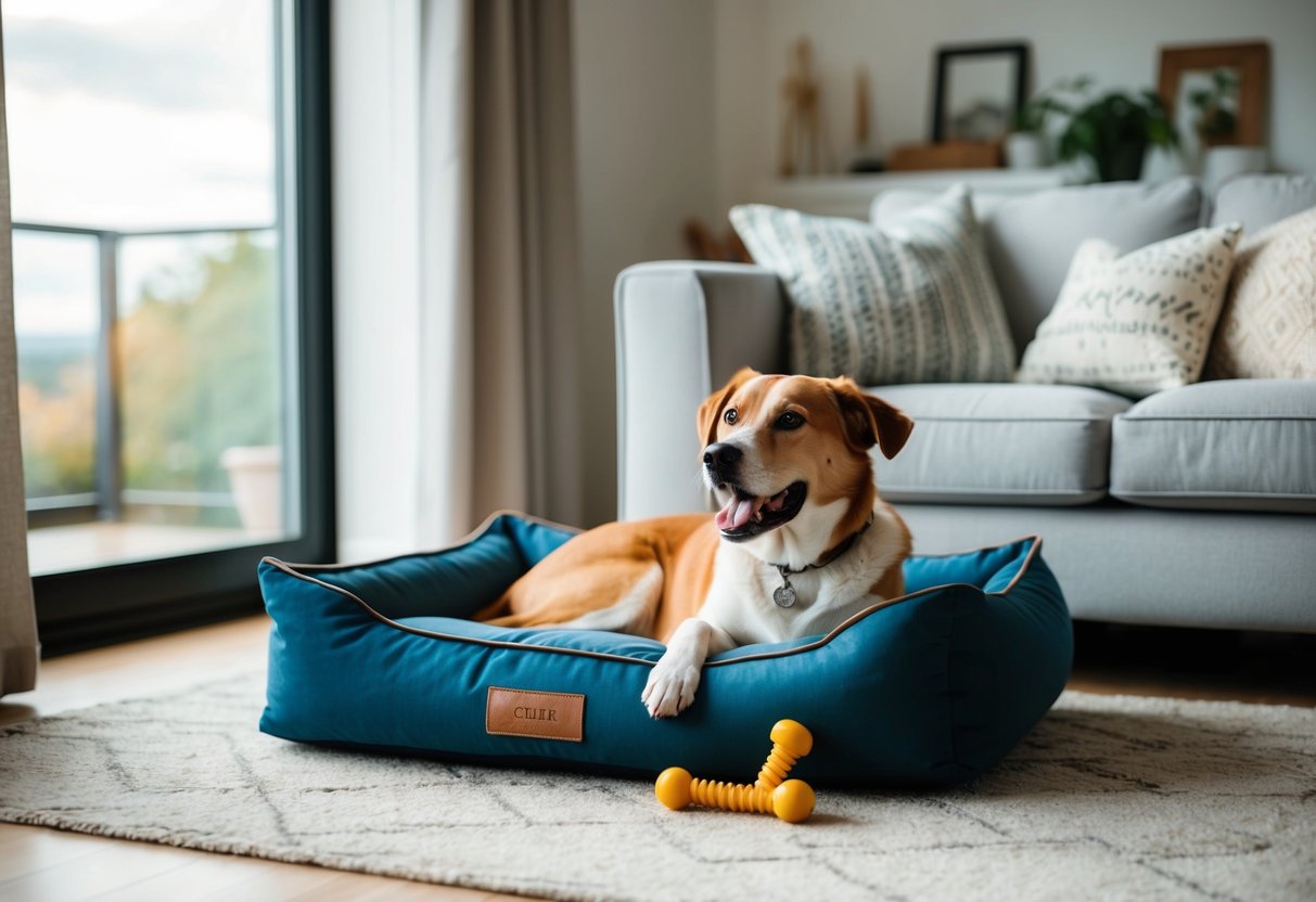 A cozy living room with a comfortable dog bed, chew toys, and a window with a view of the outdoors