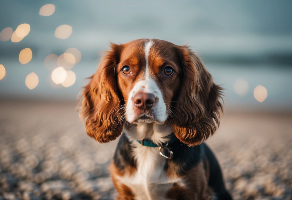 A spaniel sits on hind legs, gazing intently with head slightly tilted, ears perked