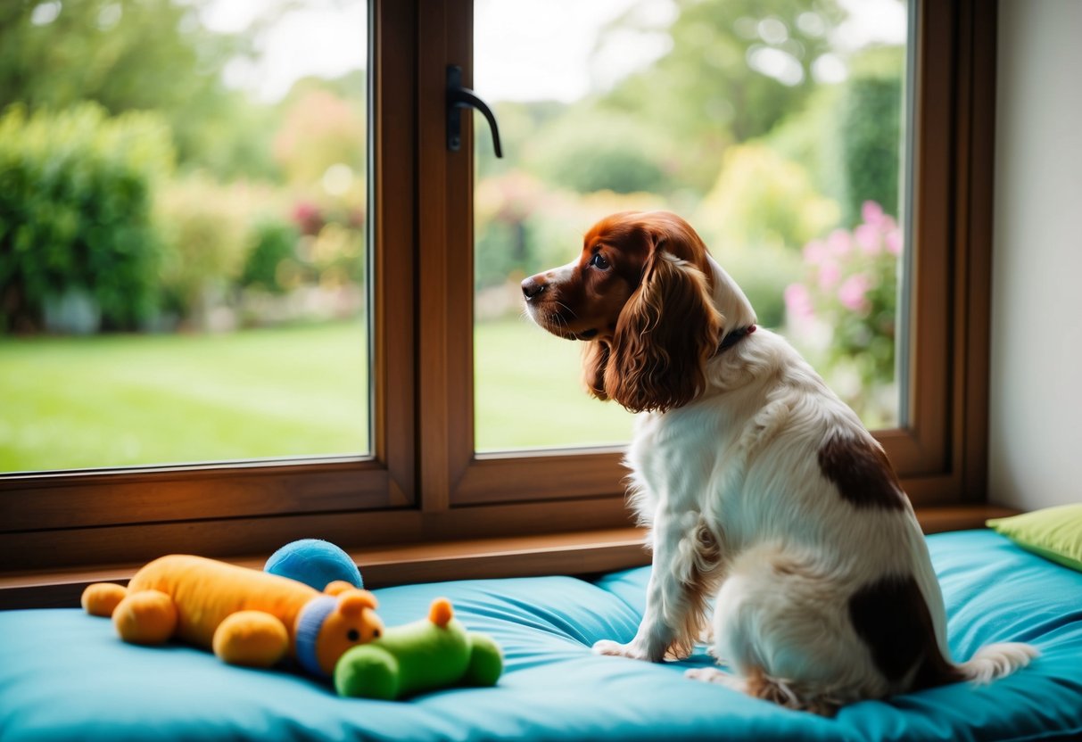 A spaniel sits by a window, gazing out at a peaceful garden with a comfortable bed and toys nearby