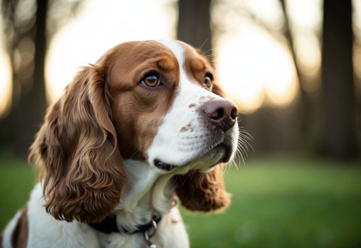 A spaniel gazes with soulful eyes, head tilted slightly, conveying deep emotional connection and longing