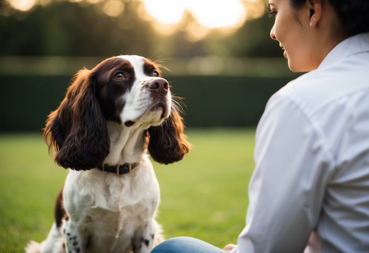 A spaniel sits with head tilted, gazing intently at a person