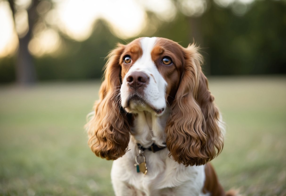 A spaniel sits with a focused gaze, head tilted slightly, eyes fixed on the viewer