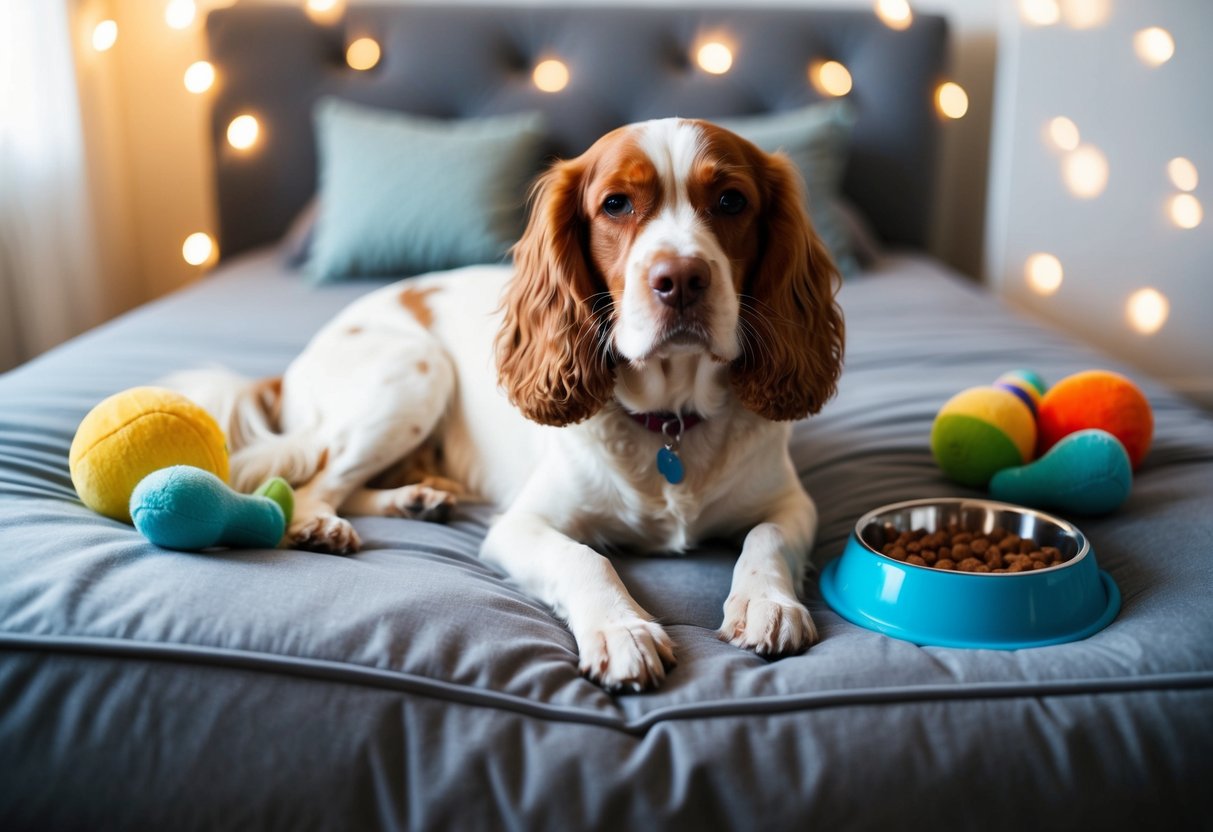 A content spaniel lounges on a plush bed, surrounded by toys and a full food bowl