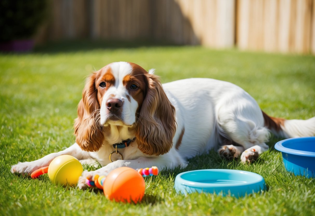 A spaniel lounges contentedly in a sunlit backyard, surrounded by toys and a water bowl. Its coat is neatly groomed, and it wears a relaxed expression