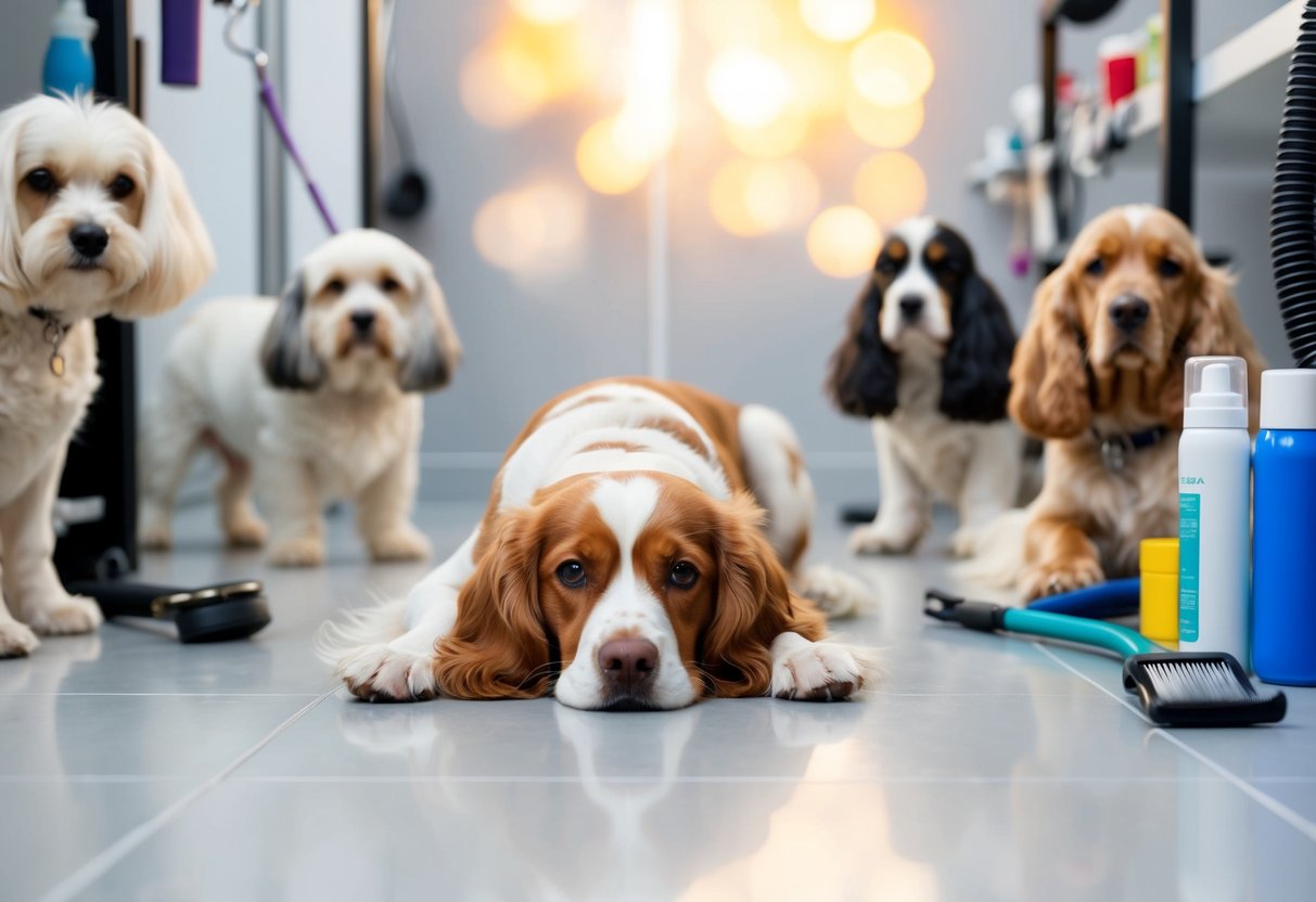 A spaniel lounges on a clean, uncluttered floor, while other breeds are surrounded by grooming tools and products
