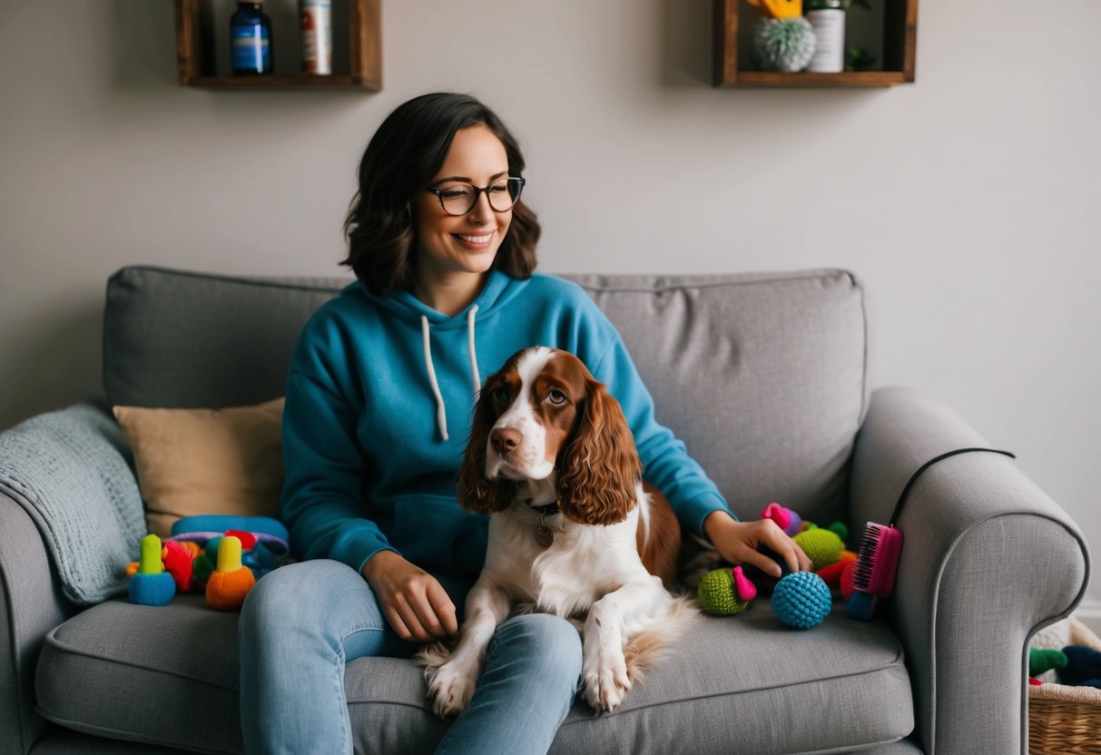 A person sitting on a cozy couch with a spaniel by their side, surrounded by toys and grooming supplies