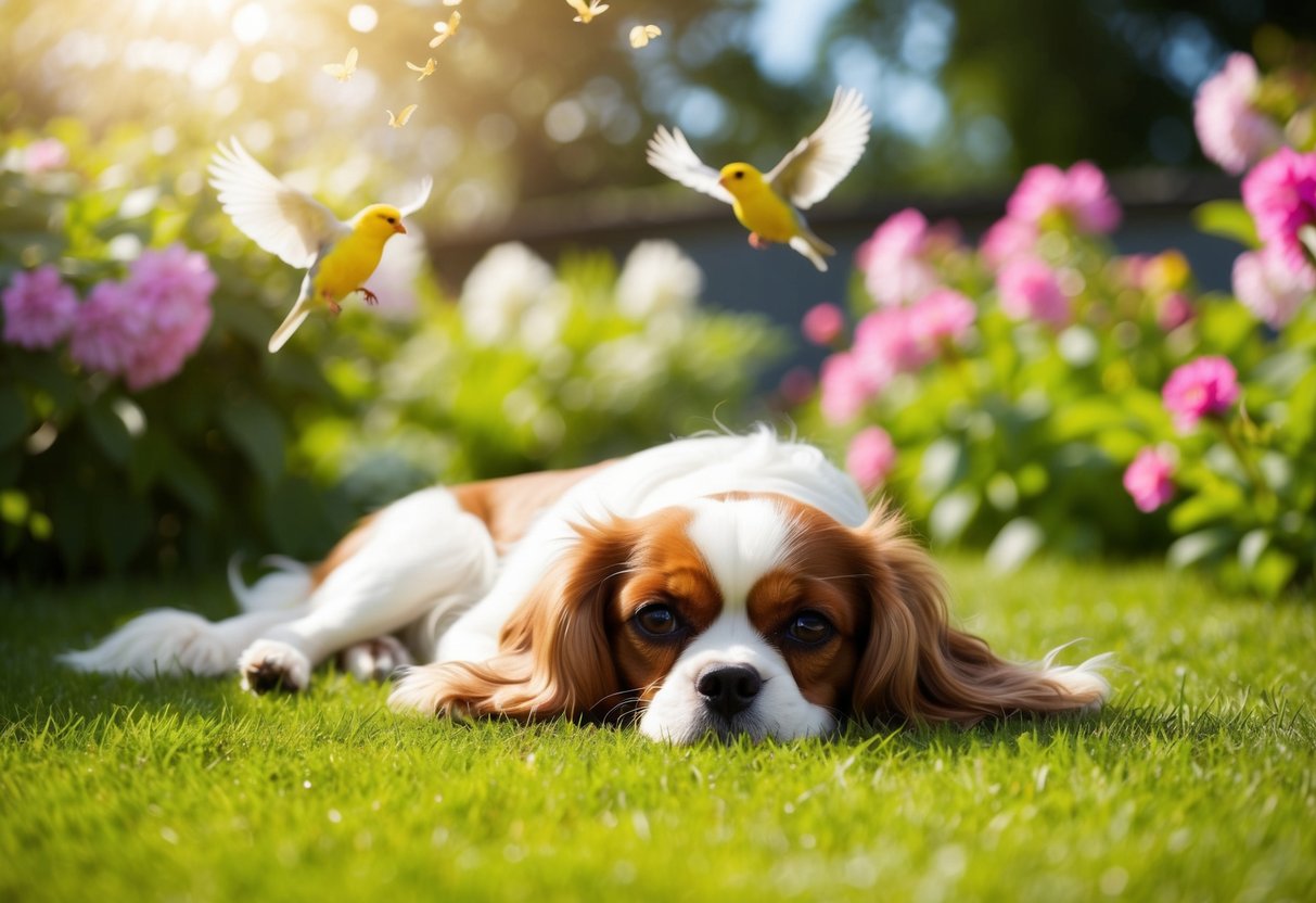 A Cavalier King Charles Spaniel lying peacefully in a sunlit garden, surrounded by blooming flowers and chirping birds