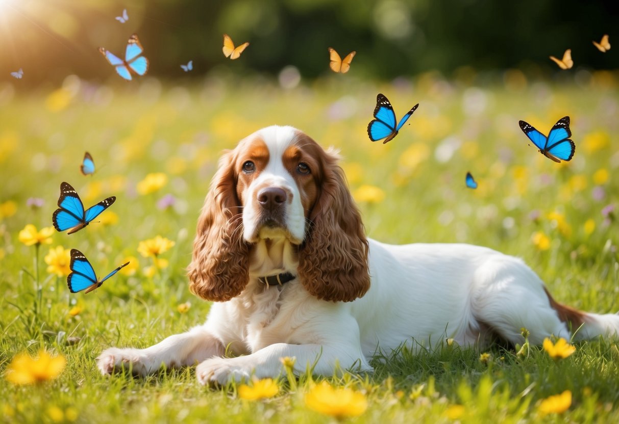 A serene Cocker Spaniel lounges in a sun-dappled meadow, surrounded by fluttering butterflies and chirping birds