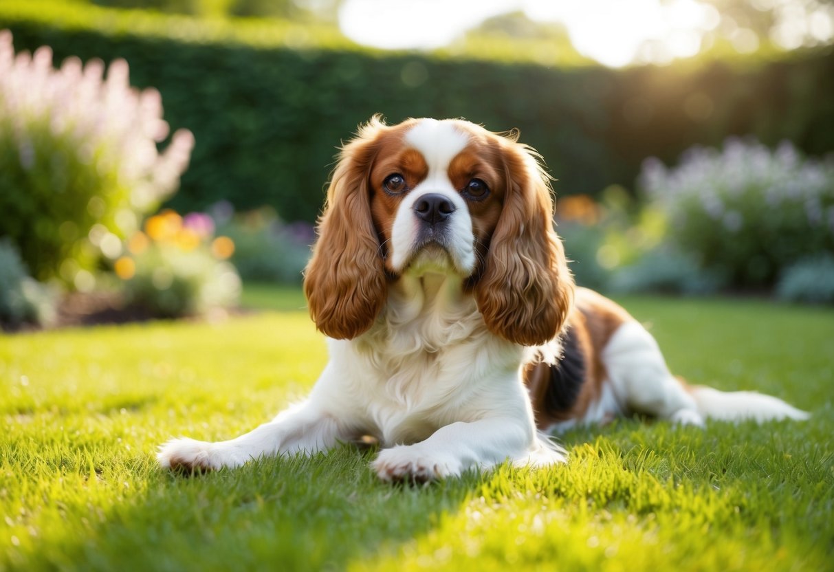 A serene King Charles Spaniel lounging in a sunlit garden, surrounded by peaceful surroundings and gentle, soothing colors