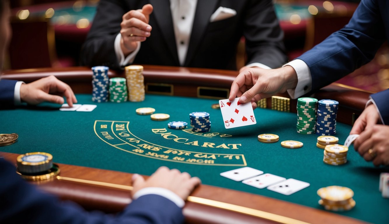 Sebuah meja baccarat dengan kartu, chip, dan tangan dealer yang membagikan kartu kepada pemain