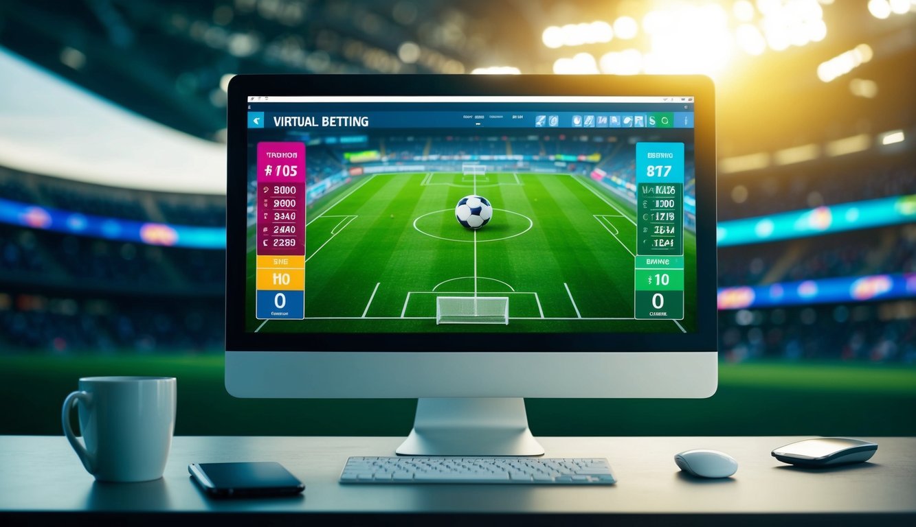 Sebuah layar komputer yang menampilkan lapangan sepak bola dengan bola di tengah, dikelilingi oleh odds taruhan virtual dan antarmuka yang berwarna-warni