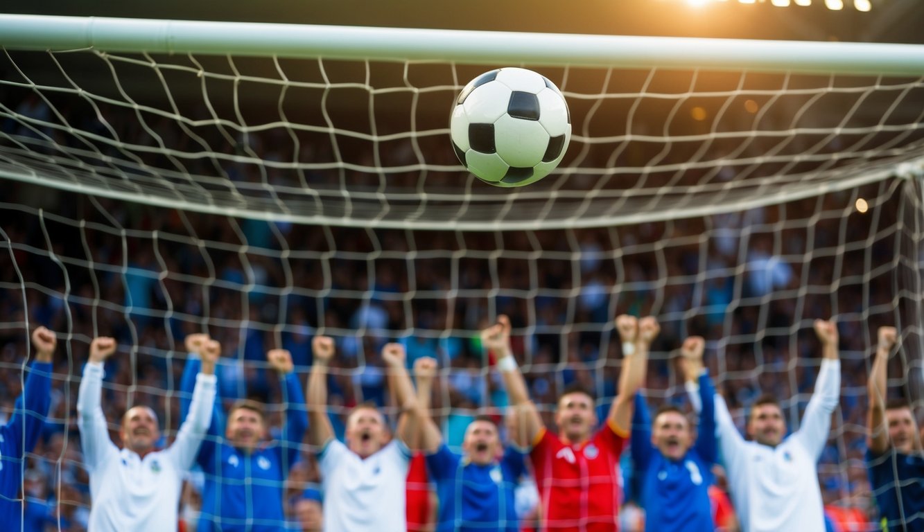 Sebuah bola sepak terbang ke dalam gawang, dikelilingi oleh para penggemar yang bersorak di stadion