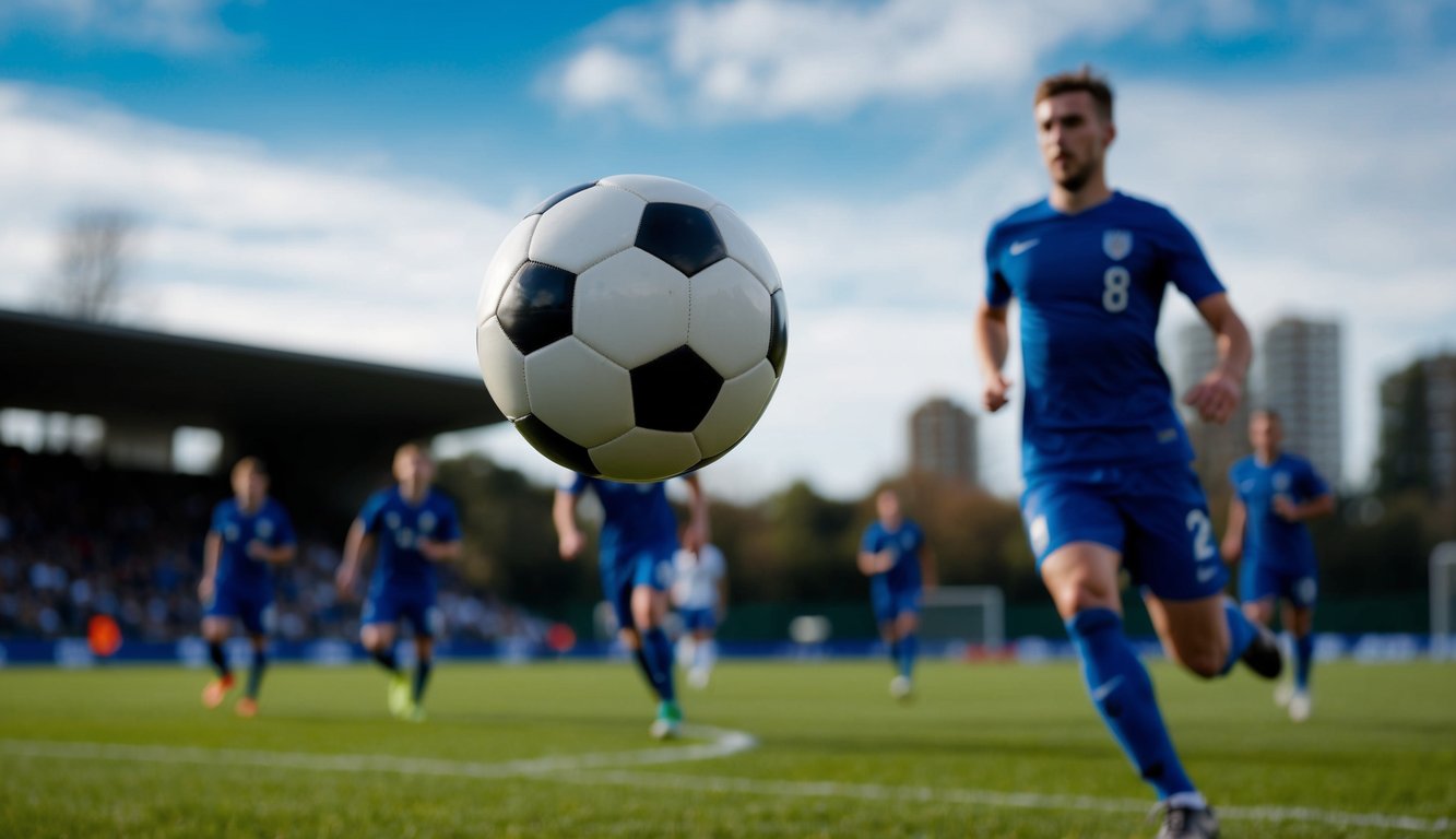 Sebuah bola sepak terbang di udara dengan pemain di latar belakang