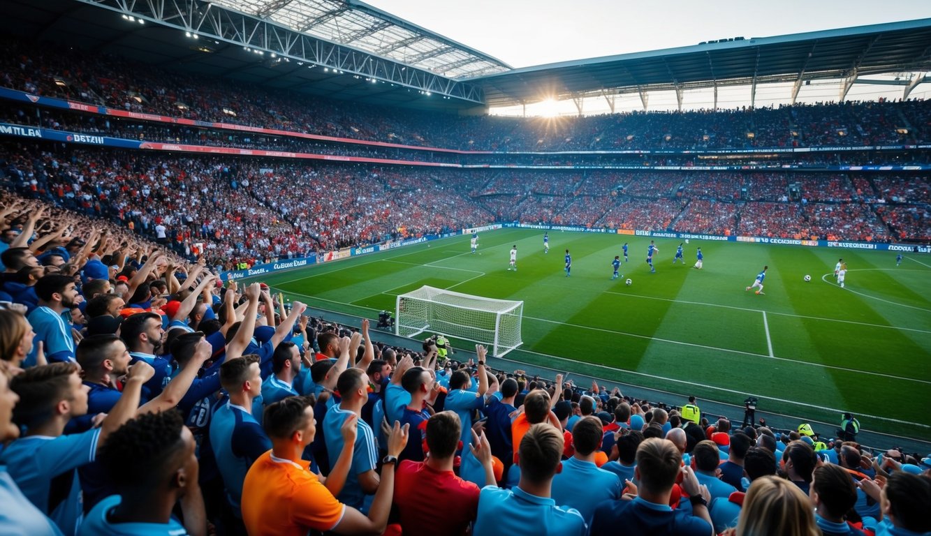 Sebuah stadion yang ramai dengan penggemar yang bersorak dan lapangan sepak bola dengan pemain yang sedang beraksi