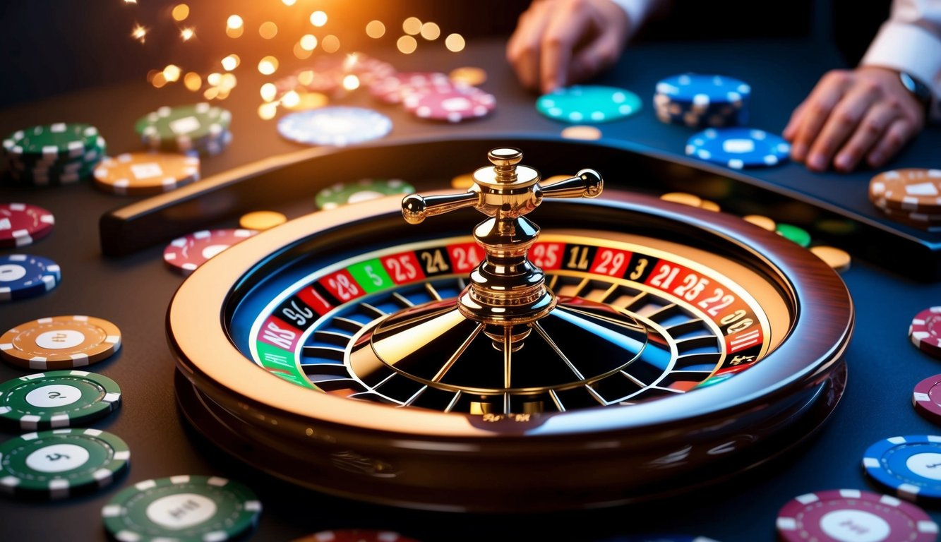 Sebuah roda roulette digital berputar di layar yang bersinar, dikelilingi oleh chip berwarna-warni dan antarmuka yang ramping