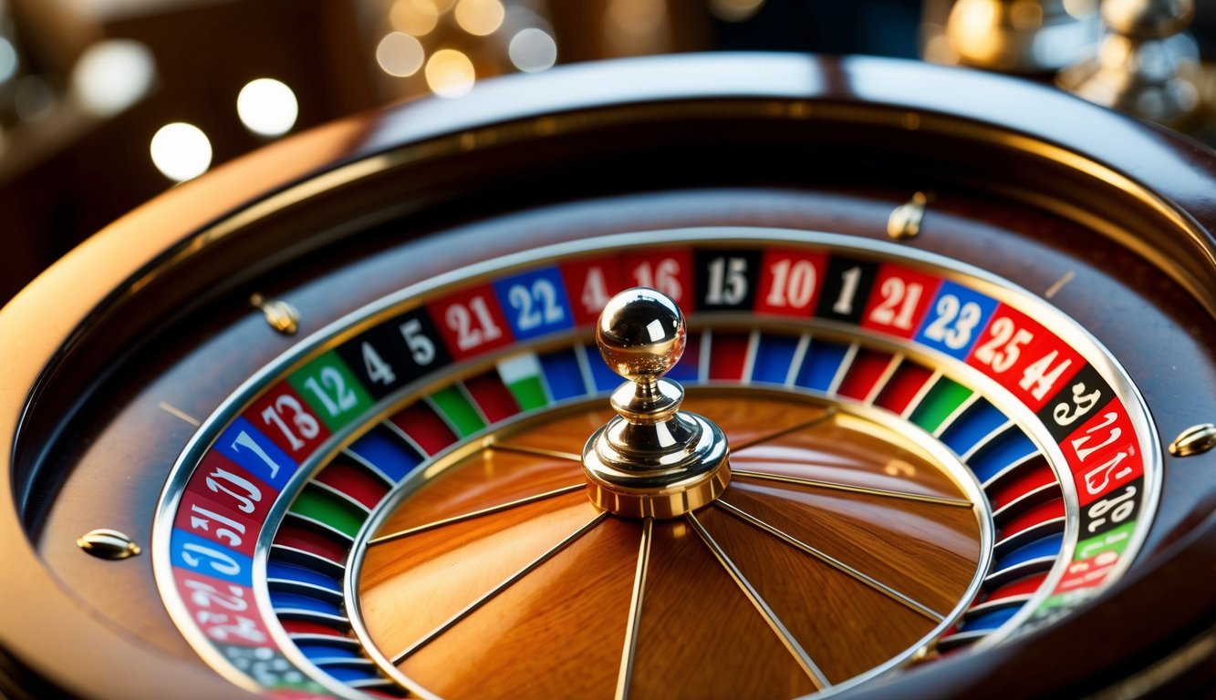 Roda roulette berputar dengan slot bernomor berwarna-warni dan bola perak kecil yang melompat-lompat