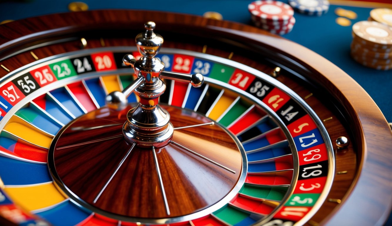 Roda roulette berputar dengan slot bernomor berwarna-warni dan bola perak kecil melompat-lompat di sekitar roda