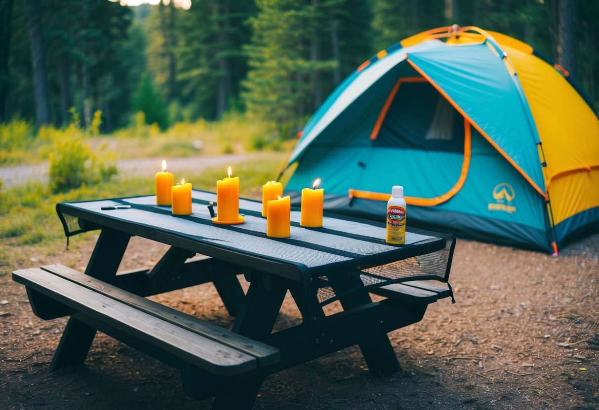 A campsite with a tent surrounded by a ring of citronella candles, bug spray, and a mesh screen covering the picnic table