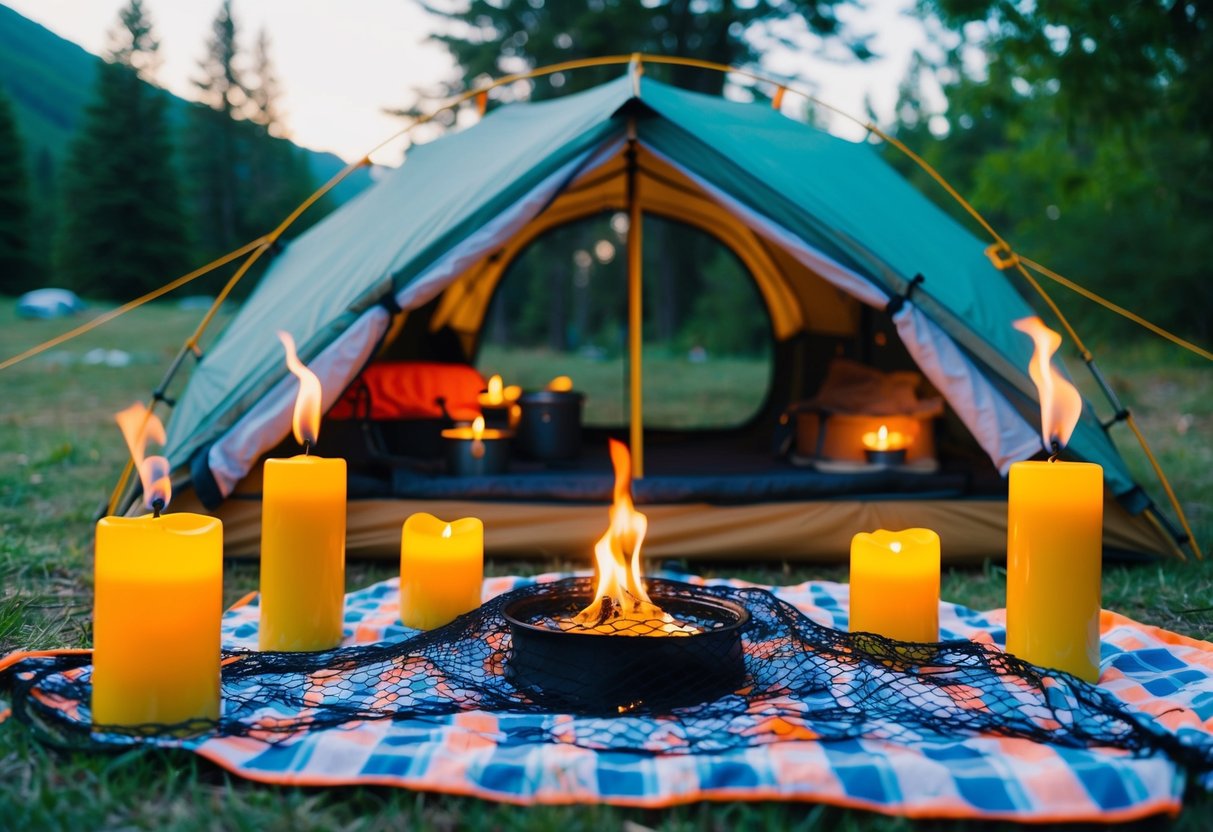A camping scene with a tent surrounded by bug repellent candles, citronella torches, and a mesh net covering the picnic area