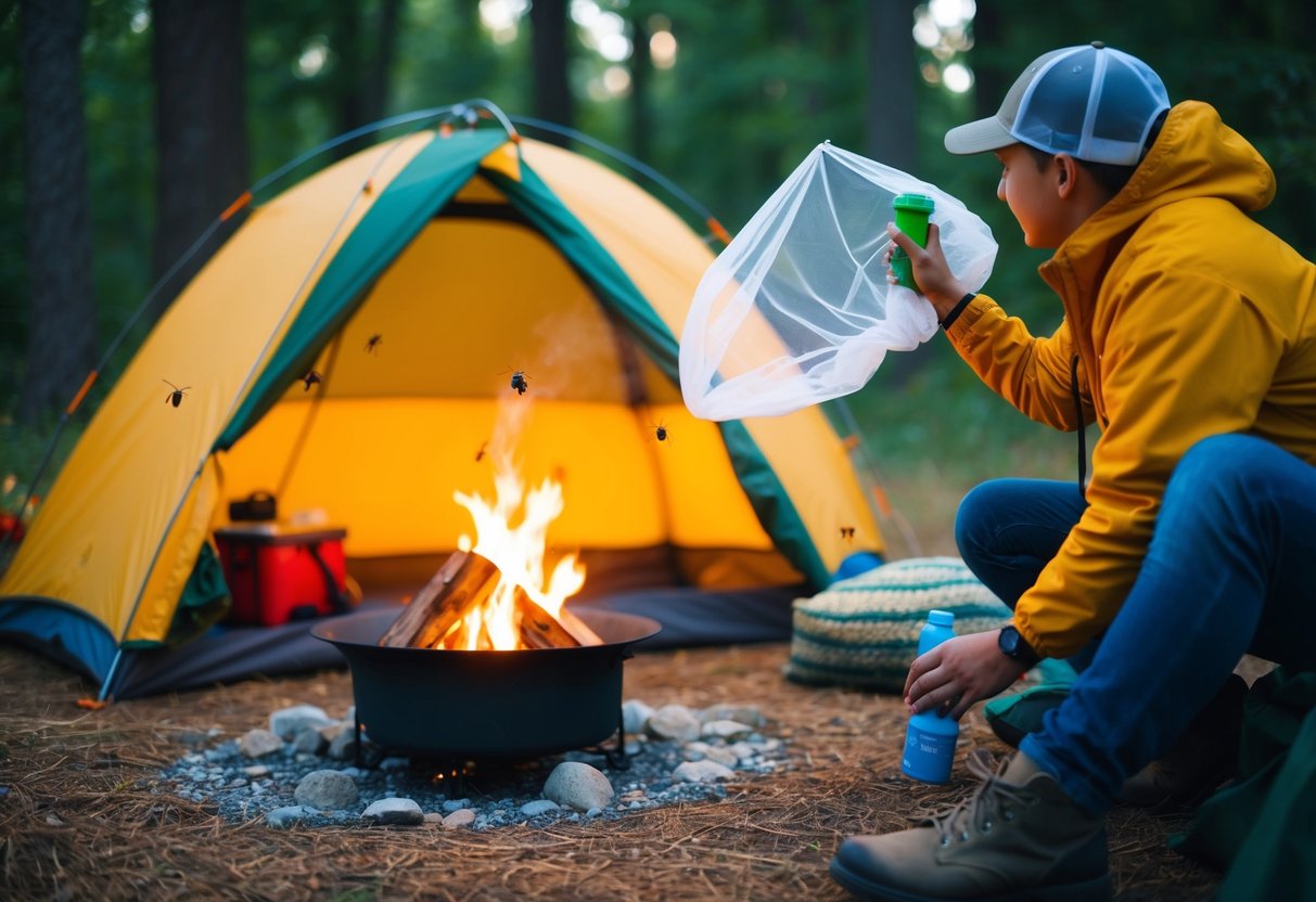A camping scene with a tent, campfire, and forest backdrop. Bugs buzzing around the campsite, with a person using bug spray and a mosquito net