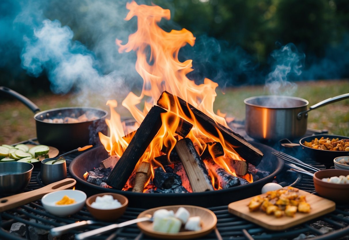 A campfire surrounded by various cooking utensils and ingredients, with a pot boiling over and smoke rising from burnt food on the grill