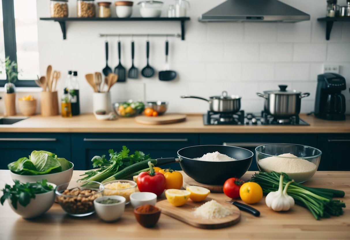 A kitchen counter with various ingredients and cooking utensils laid out for prepping