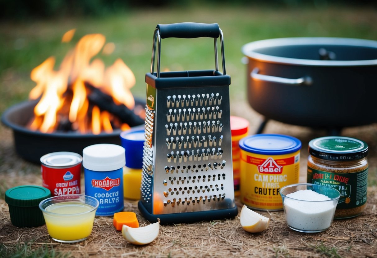 A compact grater surrounded by various camping cooking supplies and ingredients, with a small fire pit in the background