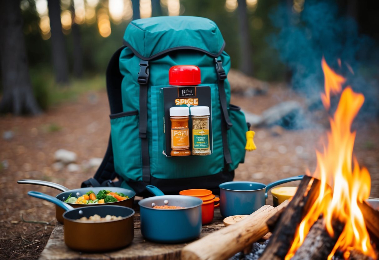 A spice kit hanging from a backpack, surrounded by a campfire, cooking pots, and various food items