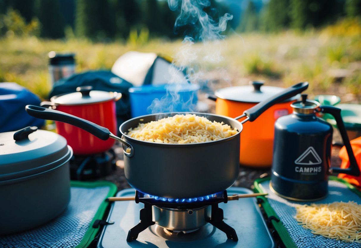 A campsite with a pot of instant rice or pasta cooking over a portable stove, surrounded by various camping supplies and nature in the background