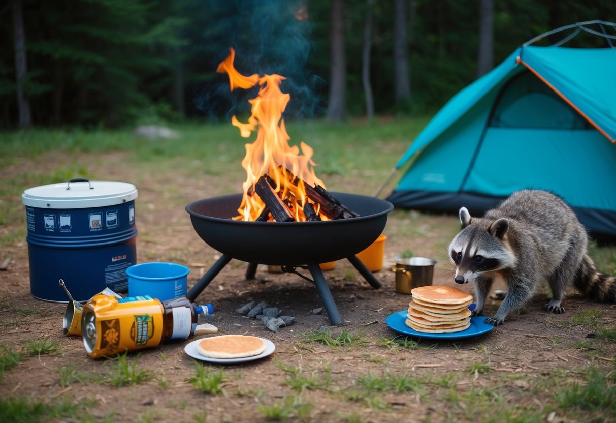 A campsite with a fire pit and cooking supplies. A spilled pancake mix, a burnt pancake, a collapsed tent, and a raccoon stealing food