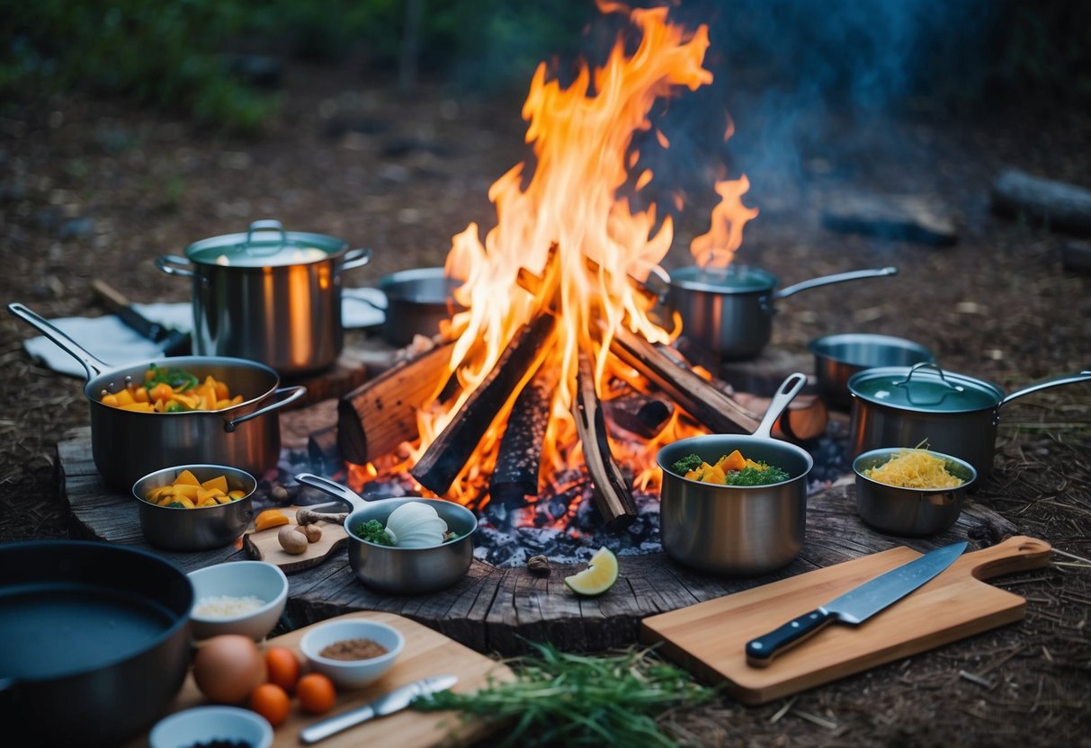 A campfire surrounded by various cooking pots and utensils, with ingredients scattered around. A chef's knife and cutting board sit on a log
