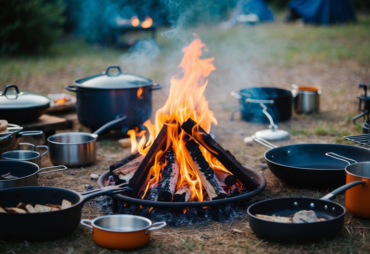 A campfire with various cooking equipment surrounding it, including pots, pans, and grills. Smoke rises from the fire, while the surrounding area is filled with the ambiance of a camping scene