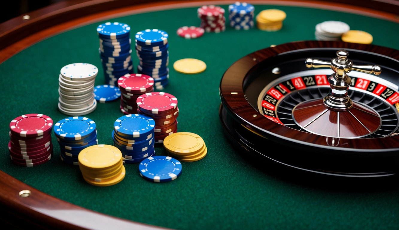 Sebuah roda roulette dikelilingi oleh chip berwarna-warni dan meja felt hijau