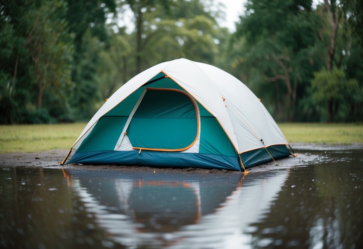 A tent pitched on damp ground with water pooling underneath