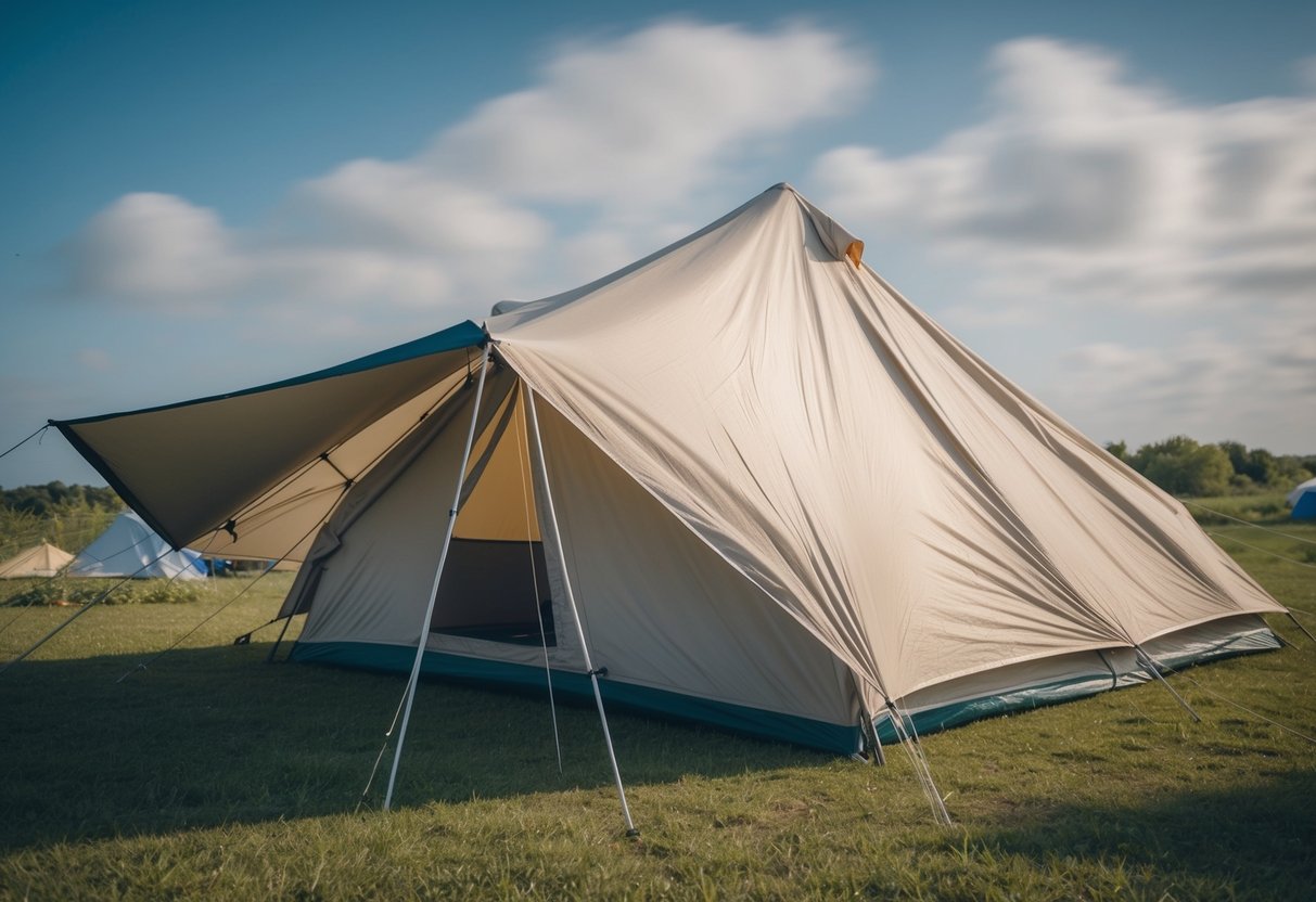 A tent flapping in the wind, with stakes coming loose and fabric billowing. The surrounding area shows signs of wind damage