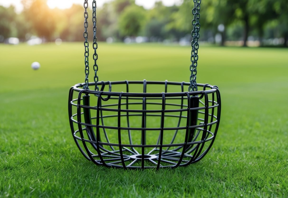 A disc golf basket standing in a grassy park, with chains hanging from the top and a metal cage at the bottom