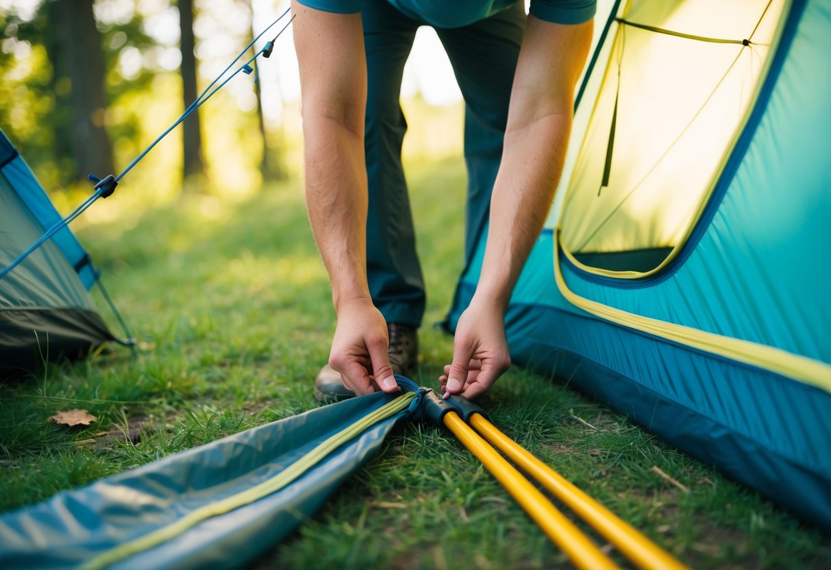 A person fixes various tent issues: torn fabric, broken poles, stuck zippers, leaking seams, sagging lines, and tangled stakes