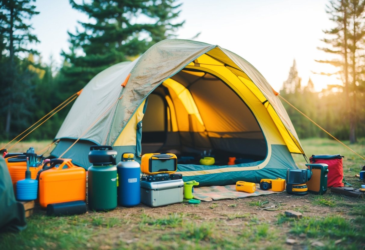 A campsite with a tent surrounded by various camping supplies and tools, with the tent showing signs of wear and tear