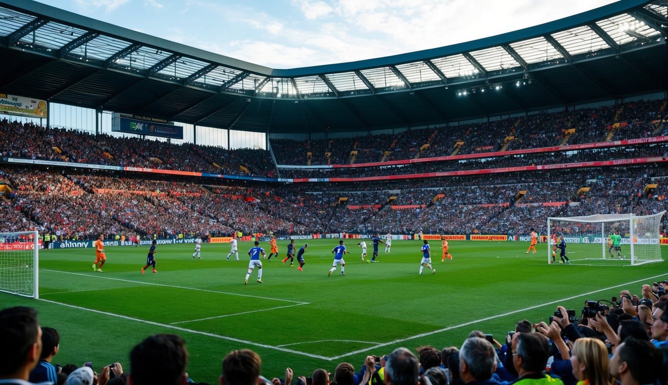 Sebuah stadion sepak bola yang ramai dengan penggemar yang bersorak, pemain di lapangan, dan sebuah gol yang dicetak