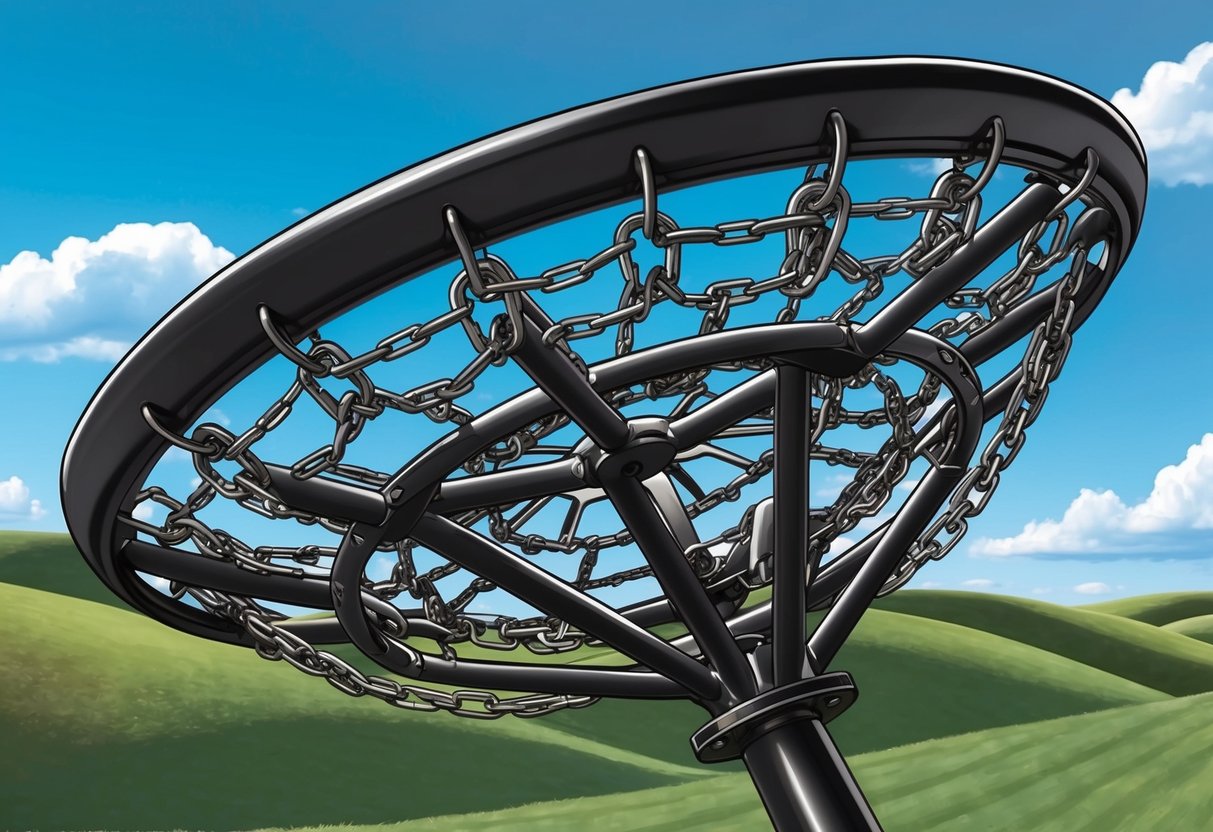 A disc golf basket with intricate chain design, set against a backdrop of rolling hills and a clear blue sky