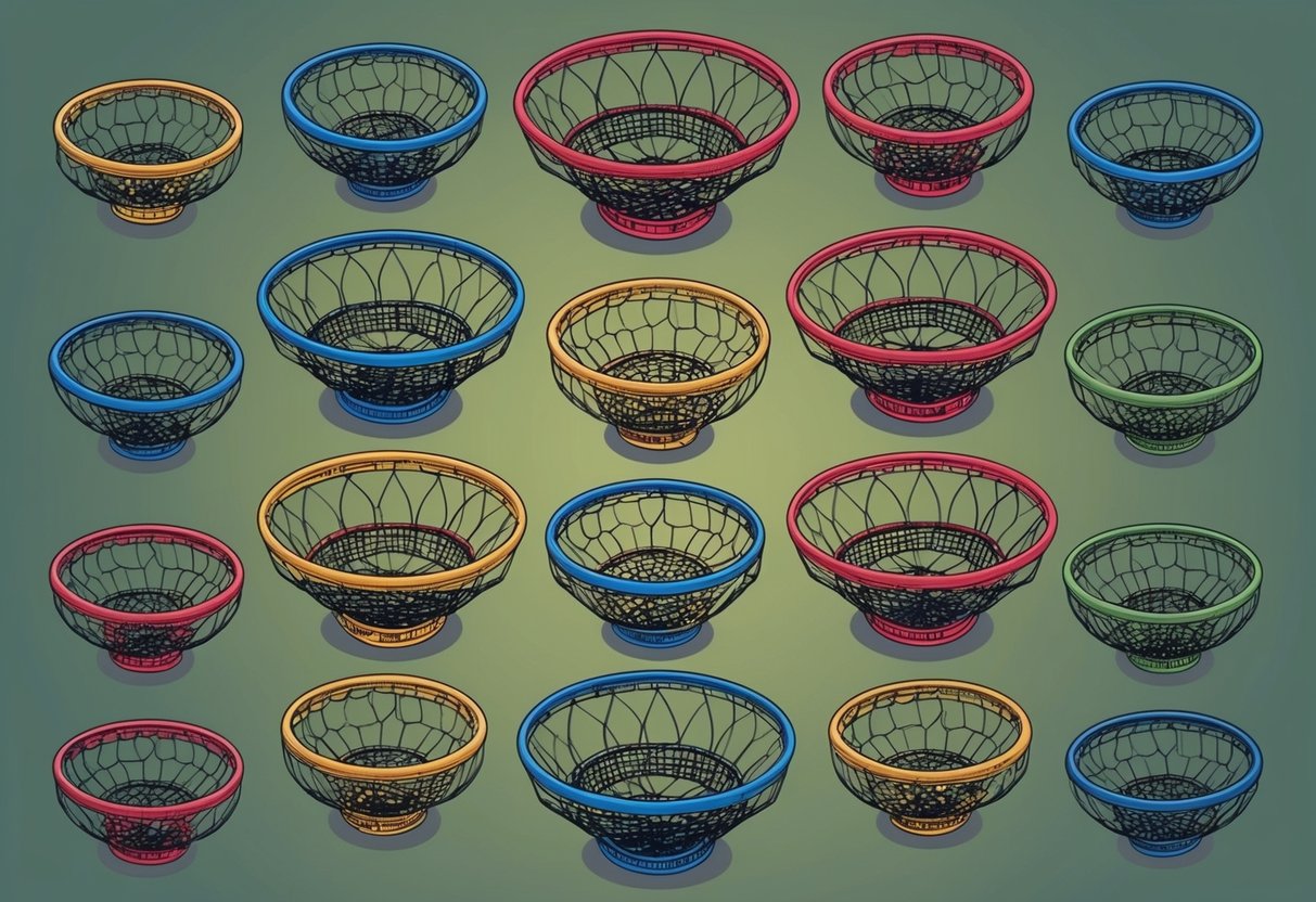 A collection of disc golf baskets of different sizes and shapes arranged in a creative and visually appealing manner