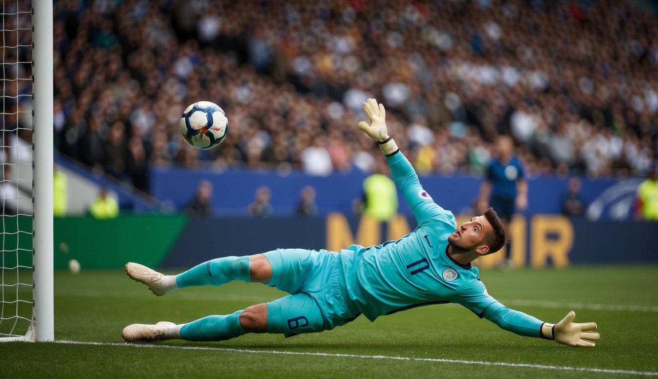 Sebuah bola sepak terbang ke sudut atas gawang, dengan kiper terjun dalam upaya gagal untuk menyelamatkannya.