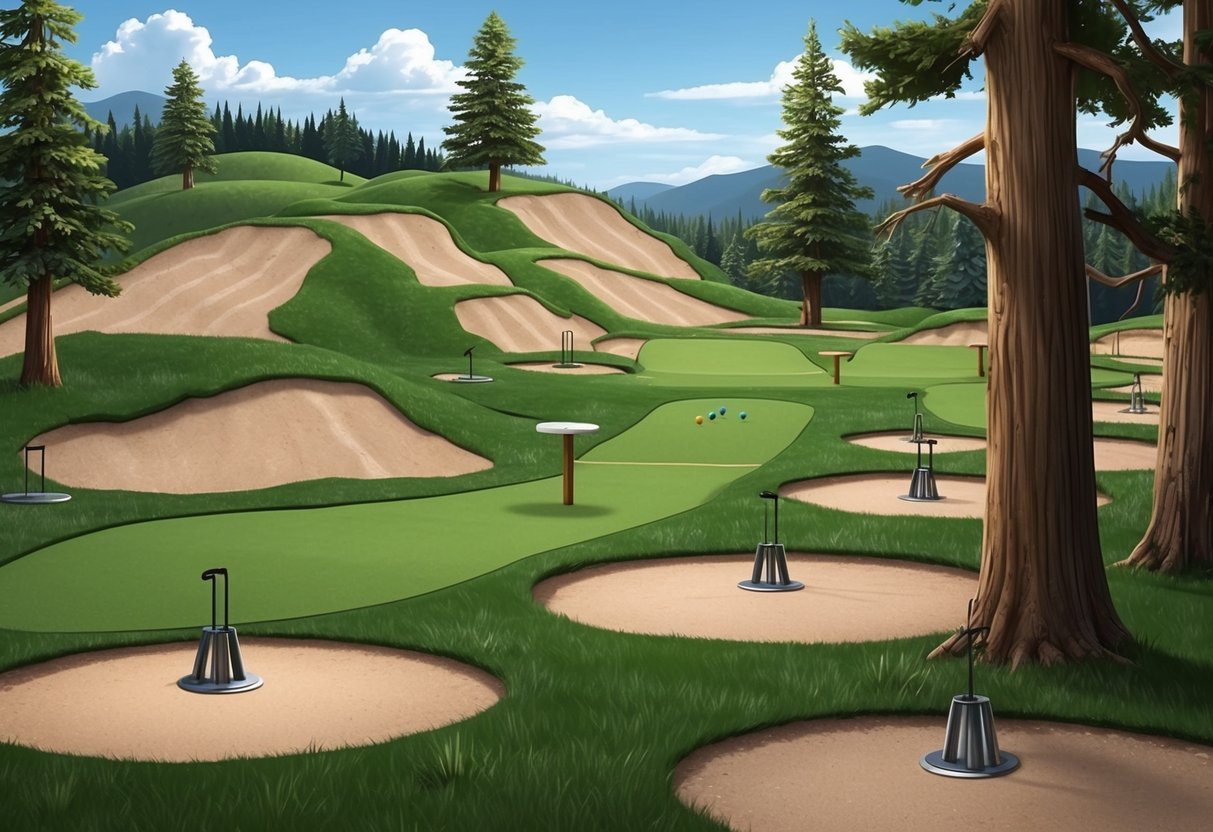 A disc golf course with rolling hills, tall trees, and metal targets scattered throughout