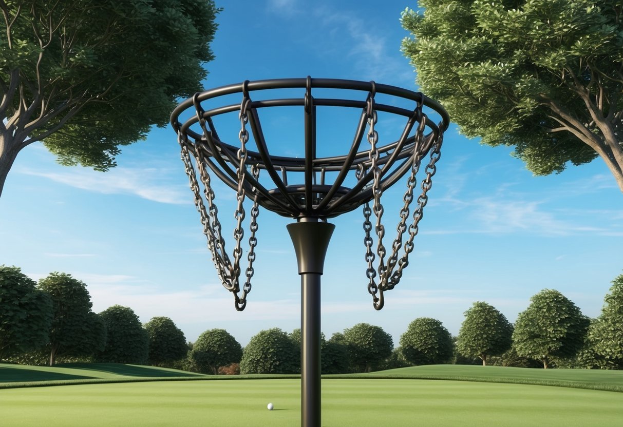 A disc golf basket stands on a manicured green, surrounded by trees and a clear blue sky. The metal chains hang down, ready to catch a flying disc