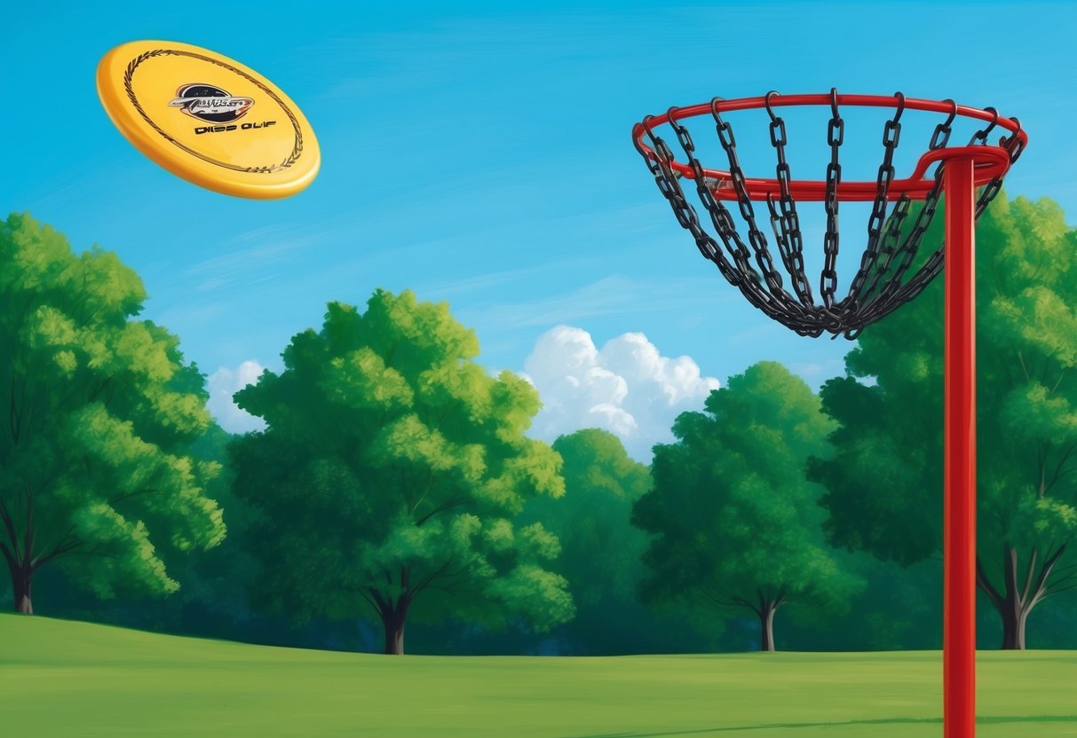 A disc golf disc flying towards a standard disc golf basket with chain links, set against a backdrop of green trees and a clear blue sky