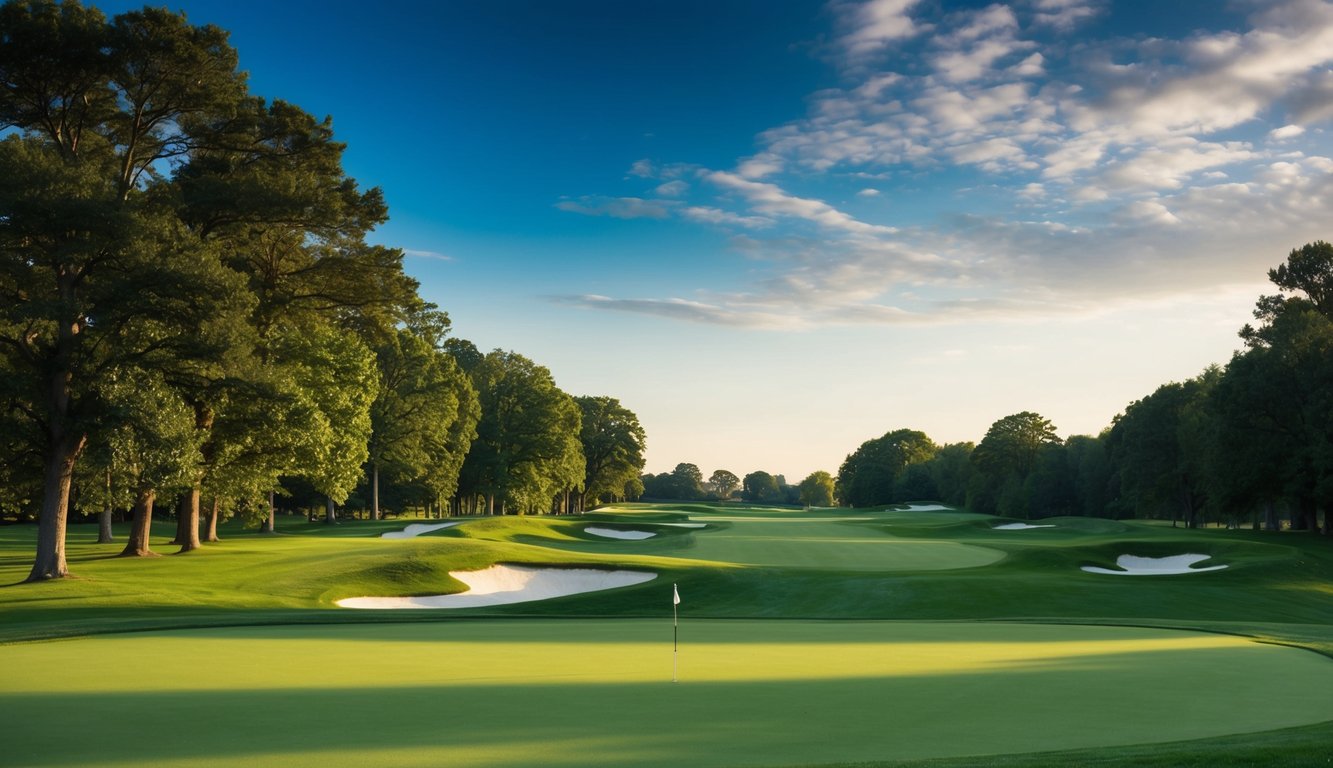 Sebuah lapangan golf yang tenang dengan jalur hijau subur, langit biru yang indah, dan suasana yang damai