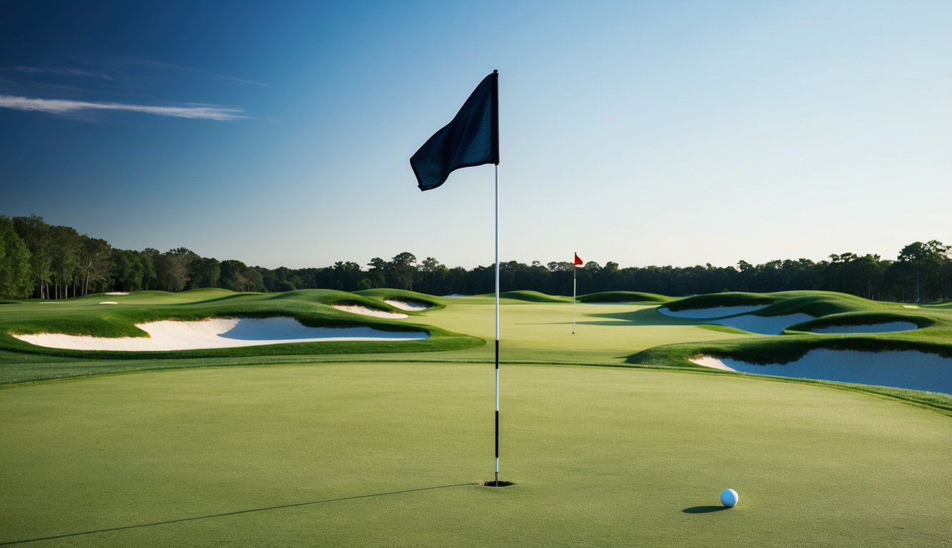 Sebuah lapangan golf dengan tiang bendera dan lubang, dikelilingi oleh fairway hijau subur dan bunker, di bawah langit biru yang cerah